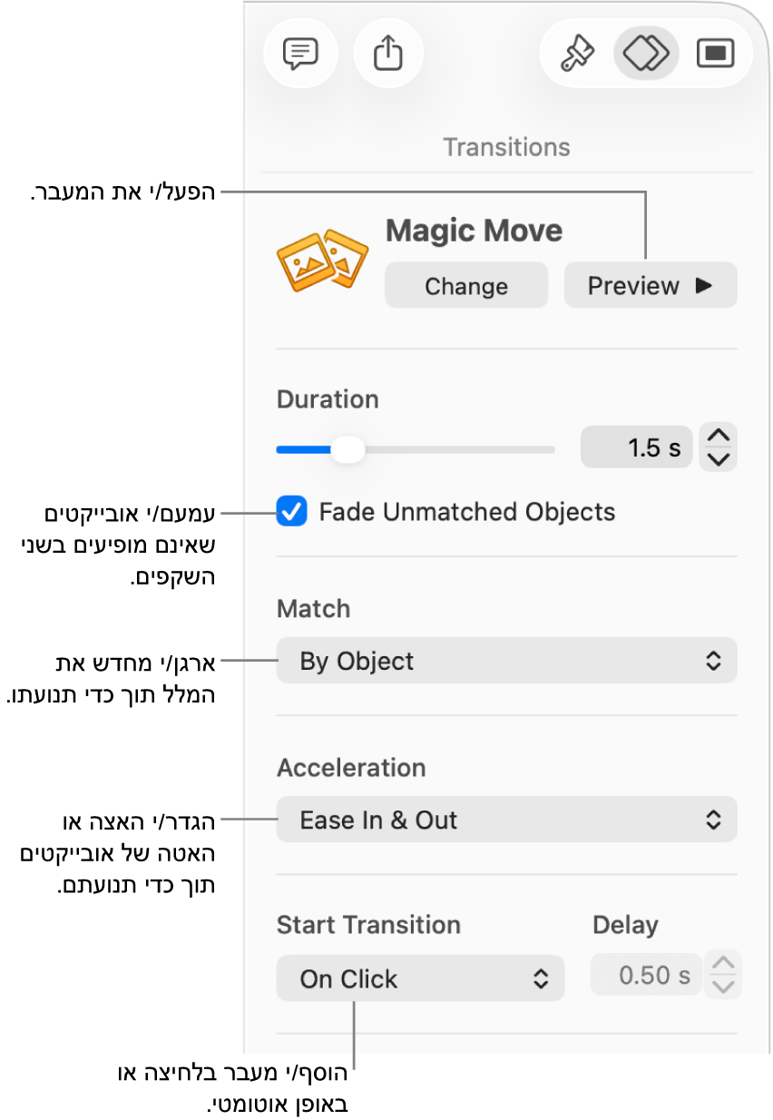 כלי הבקרה של ״העברה חכמה״ במקטע ״מעברים״ בסרגל הצד ״הנפש״.