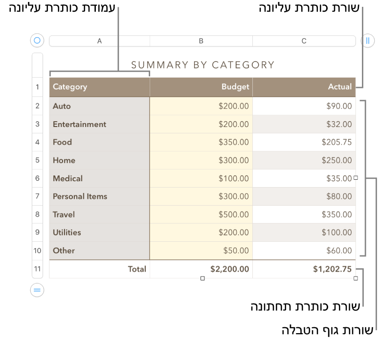 טבלה עם שורות ועמודות כותרת עליונה, גוף טבלה וכותרת תחתונה ועם ידיות אחיזה להוספה או מחיקה של שורות או עמודות.