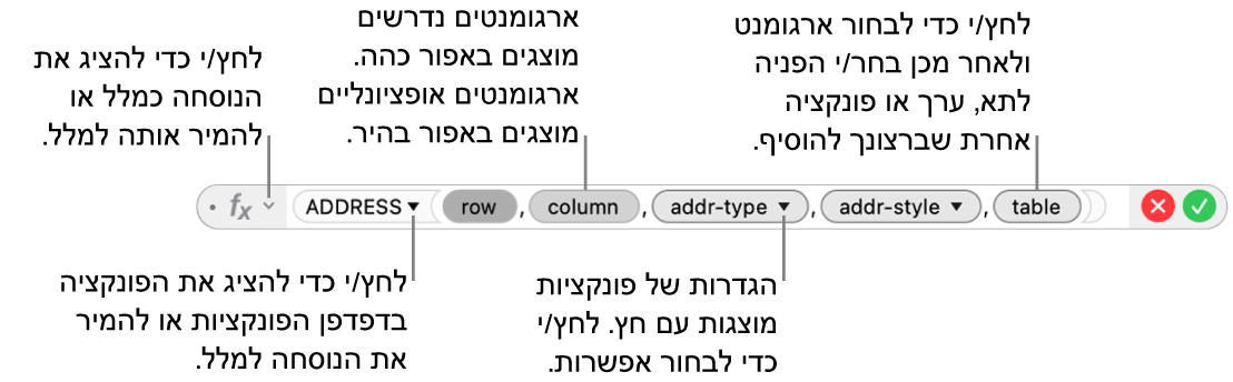״עורך הנוסחאות״ מציג את הפונקציה ADDRESS ואת אסימוני הארגומנטים שלה.