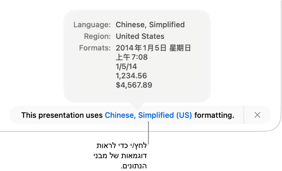 ההודעה לגבי הגדרת השפה והעיצוב השונים, עם דוגמאות של העיצוב בשפה זו ובאזור זה.