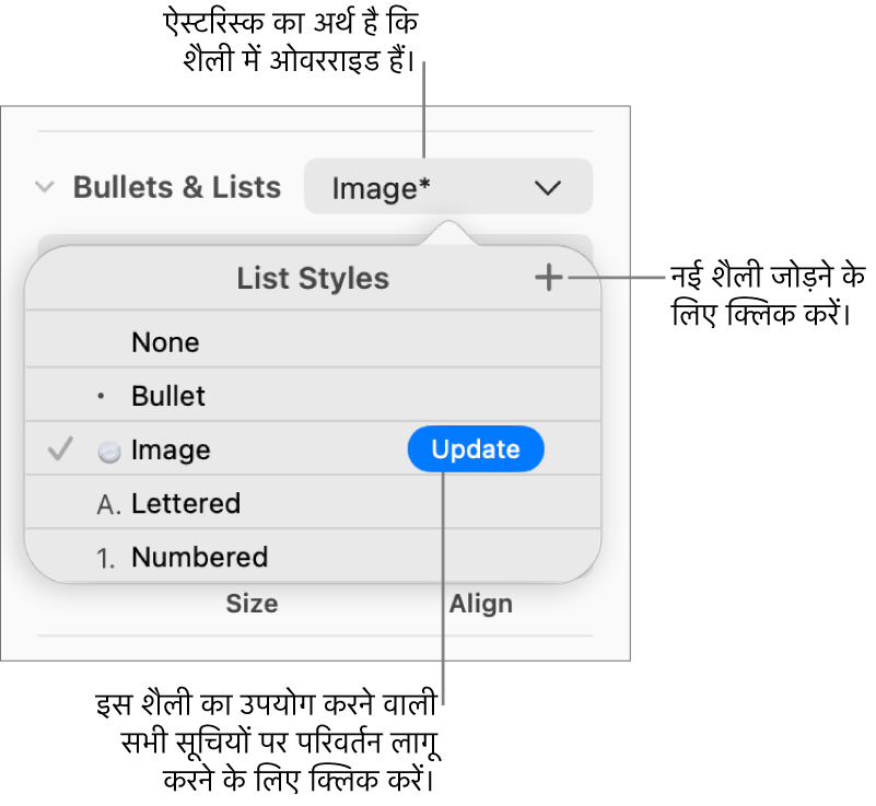 सूची शैली पॉप-अप मेन्यू जिसमें ओवरराइड को इंगित करने वाला ऐस्टरिस्क, “नई शैली” बटन के लिए कॉलआउट और शैलियाँ प्रबंधित करने के लिए विकल्पों का सबमेन्यू है।