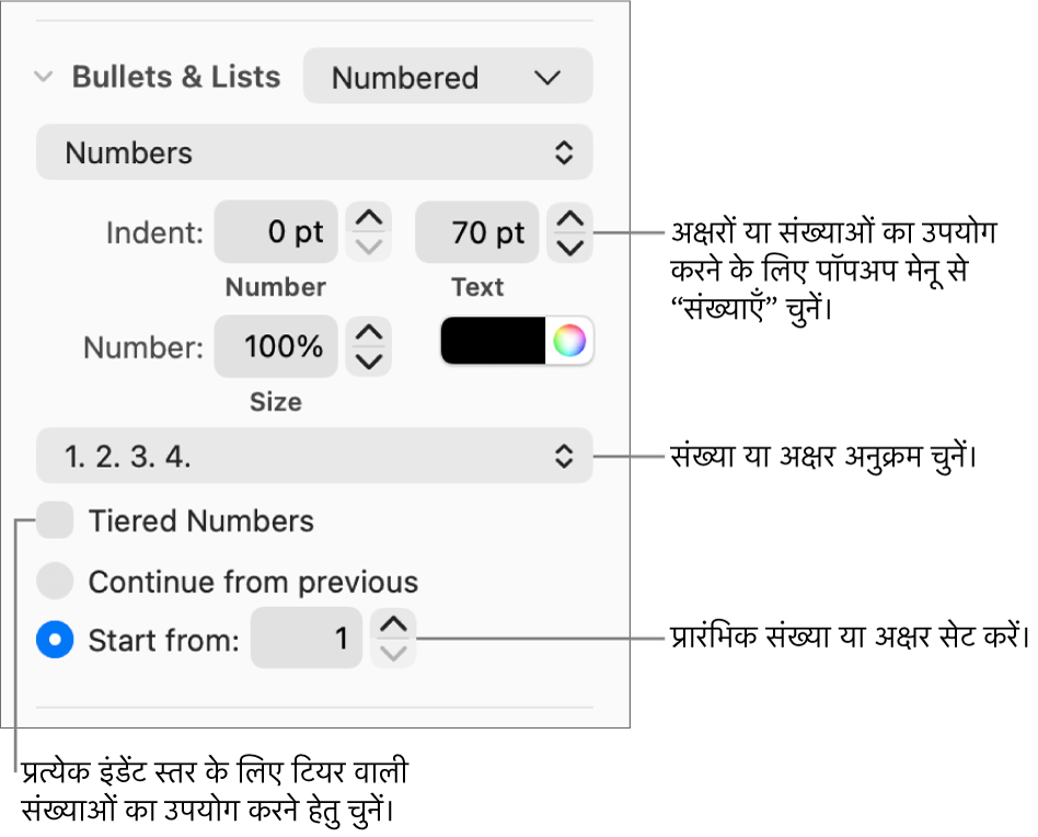 सूची की संख्या शैली और रिक्ति बदलने के लिए नियंत्रण।
