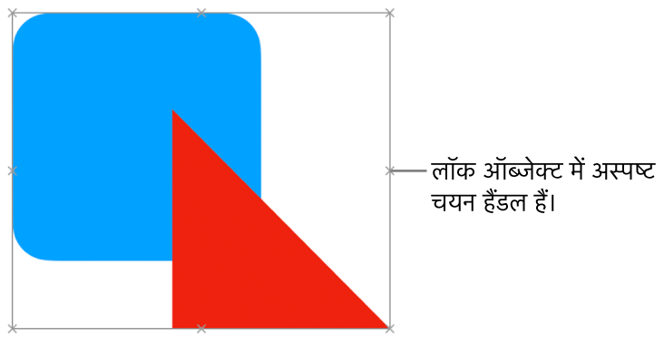 अस्पष्ट चयन हैंडल वाले लॉक किए गए ऑब्जेक्ट।