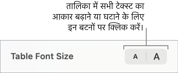 टेबल का फ़ॉन्ट आकार बदलने के लिए साइडबार नियंत्रण।