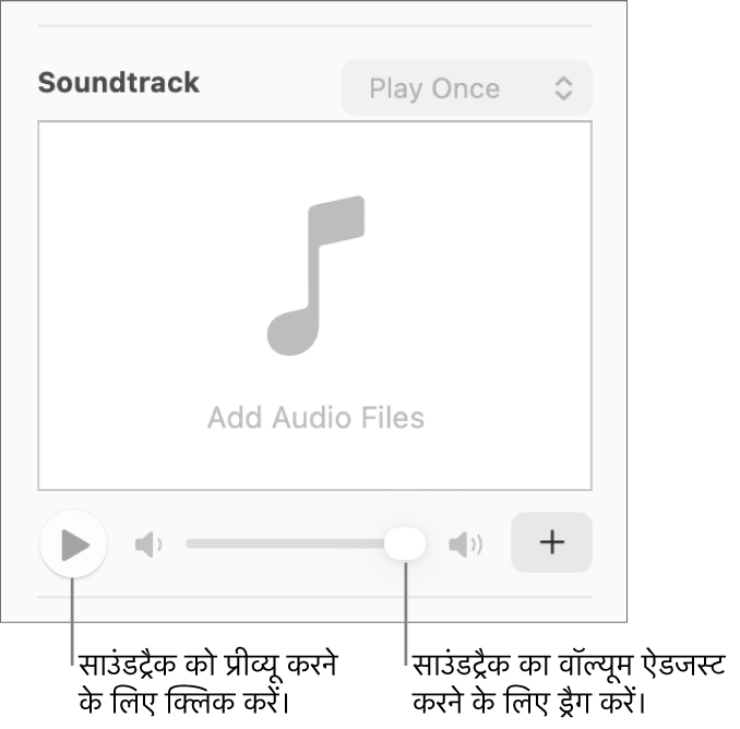 साउंडट्रैक नियंत्रण, जिनमें “चलाएँ” बटन और वॉल्यूम स्लाइडर को कॉल आउट किया गया है।