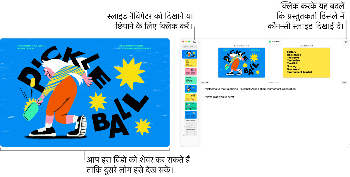 एक विंडो में Keynote प्रस्तुतीकरण प्रदर्शित है और दूसरी विंडो में प्रस्तुतकर्ता डिस्प्ले है, जिसमें स्लाइड नैविगेटर, प्रस्तुतकर्ता नोट्स और स्लाइड प्रीव्यू शामिल है।