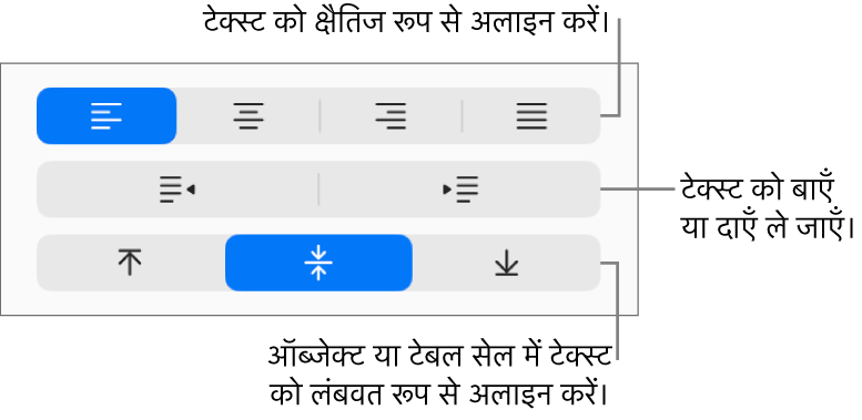 टेक्स्ट को क्षैतिज रूप से अलाइन करने, टेक्स्ट को बाएँ या दाएँ मूव करने और टेक्स्ट को लंबवत रूप से अलाइन करने के लिए बटन को प्रदर्शित करने वाला साइडबार का “अलाइनमेंट” सेक्शन।