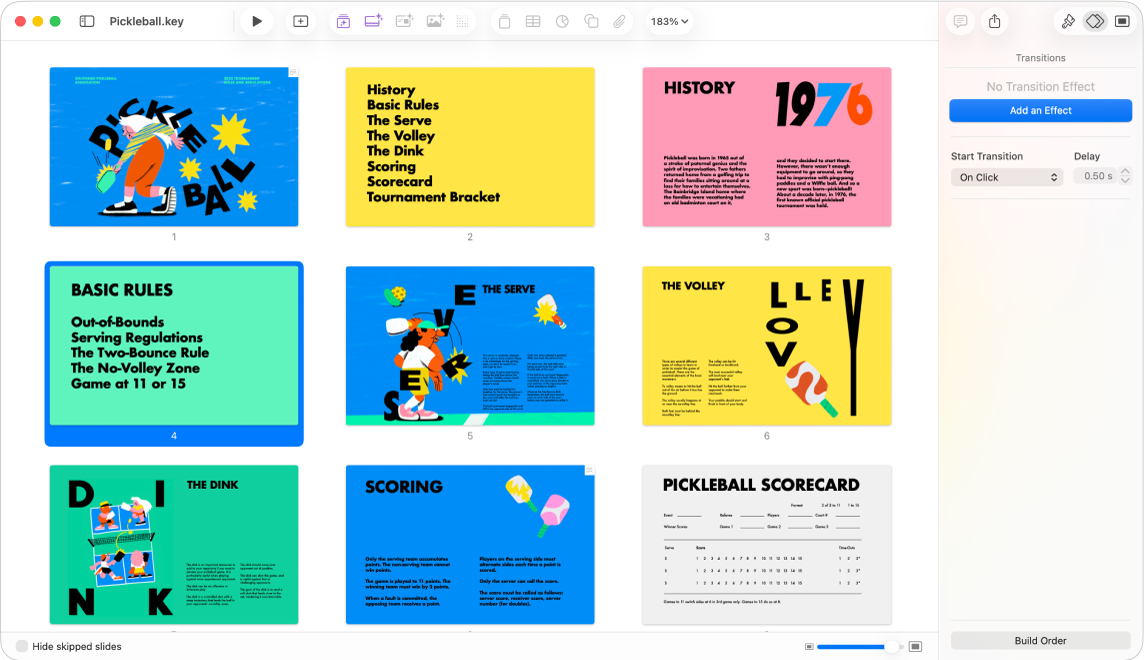 लाइट टेबल दृश्य जो दो पंक्तियों में नौ स्लाइड क्षैतिज रूप से प्रदर्शित कर रहा है, जिसमें स्क्रीन के दाईं ओर फ़ॉर्मैट साइडबार में थीम का प्रकटन बदलने के लिए विकल्प हैं।