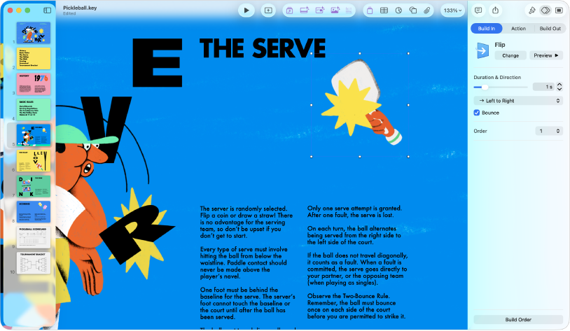 Keynote विंडो जिसकी स्लाइड पर डैश लाइन चुनी गई है। ऐनिमेट साइडबार जिसके दाईं ओर बिल्ड इन नियंत्रण दिखाई दे रहे हैं।