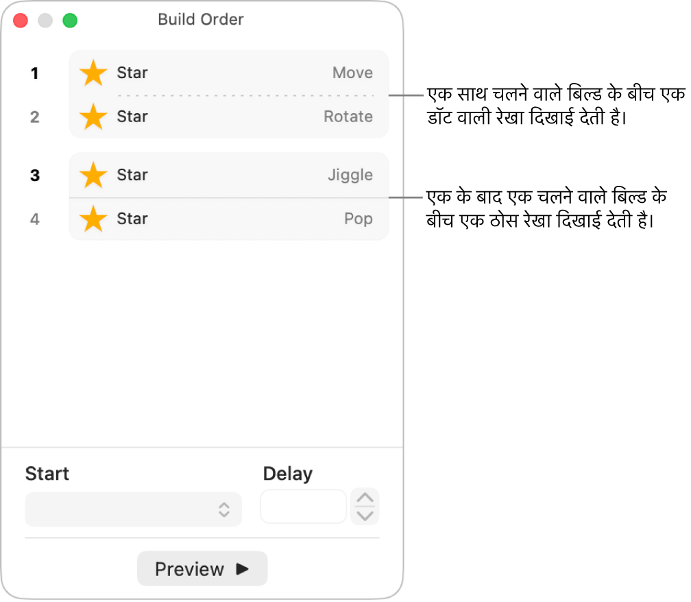 बिल्ड क्रम मेनू और साथ-साथ चलने वाले बिल्ड के बीच डॉट वाली रेखा और एक के बाद एक चलने वाले बिल्ड के बीच ठोस रेखा।
