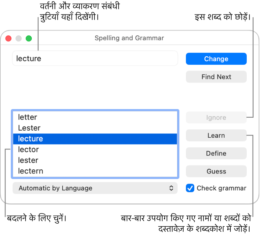 “वर्तनी और व्याकरण” विंडो।
