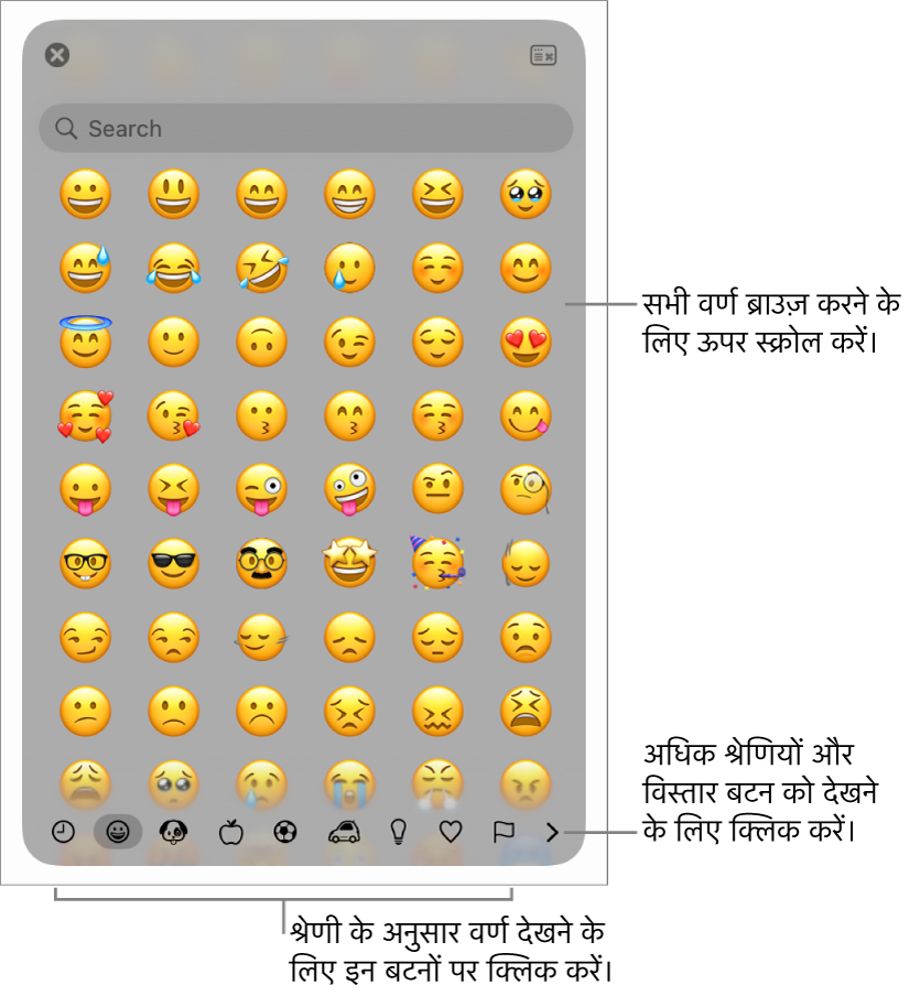 इमोटिकॉन, अलग-अलग प्रकार के चिह्नों के लिए नीचे दिए गए बटन तथा पूर्ण “वर्ण” विंडो को दिखाने हेतु बटन के लिए कॉलआउट प्रदर्शित करने वाला “विशेष वर्ण” पॉप-अप।