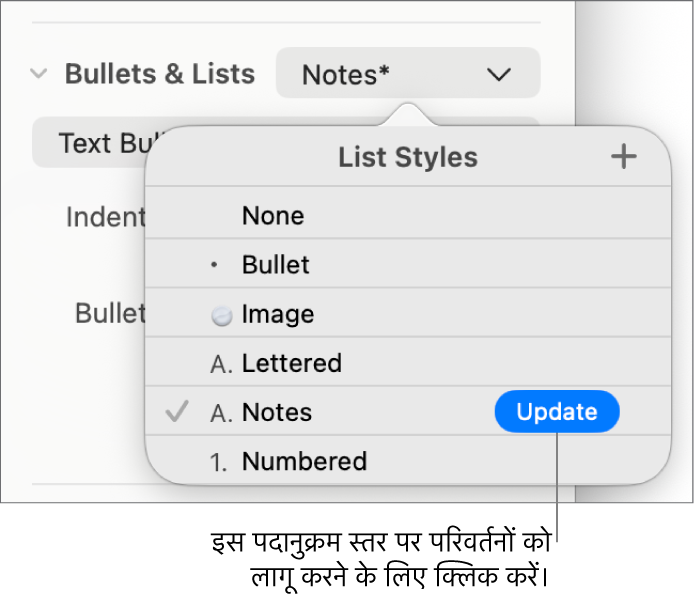 नई शैली के नाम के बग़ल में “अपडेट करें” बटन वाला “सूची शैलियाँ” मेनू।