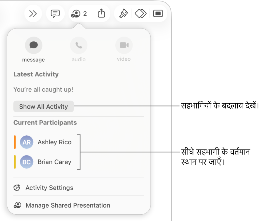 सहयोग मेनू जिसमें दो वर्तमान सहभागी सूचीबद्ध हैं।
