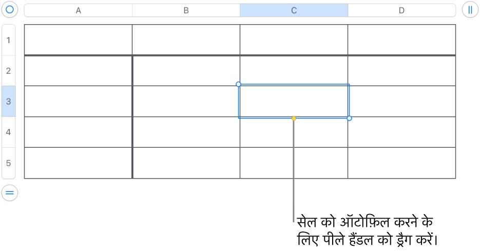 पीले हैंडल वाले चयनित सेल का उपयोग आप सेल को ऑटोमैटिकलीभरण के लिए ड्रैग कर सकते हैं।