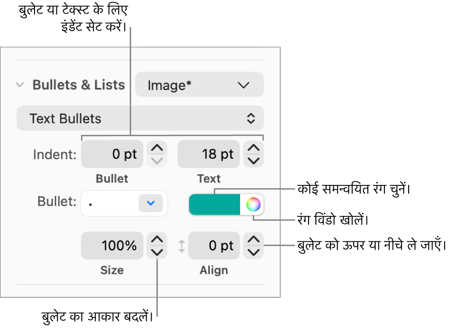 बुलेट तथा टेक्स्ट इंडेंट, बुलेट रंग, बुलेट आकार और अलाइनमेंट के नियंत्रणों के लिए कॉलआउट वाला “बुलेट और सूचियाँ” सेक्शन।