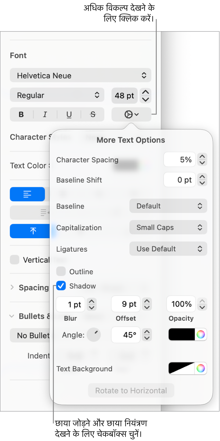 शैडो चेकबॉक्स चुना हुआ तथा ब्लर, ऑफ़सेट, अपारदर्शिता, कोण और रंग सेटिंग के नियंत्रणों के साथ खुला एडवांस विकल्प मेनू।