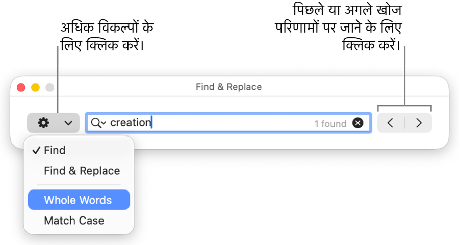 “ढूँढें और बदलें” विंडो जिसमें पॉप-अप मेनू “ढूँढें”, “ढूँढें और बदलें” “पूरे शब्द” और “मैच केस” के लिए विकल्प दिखा रहा है। दाईं ओर के तीर आपको अगले और पिछले खोज परिणाम पर जाने की सुविधा उपलब्ध कराता है।