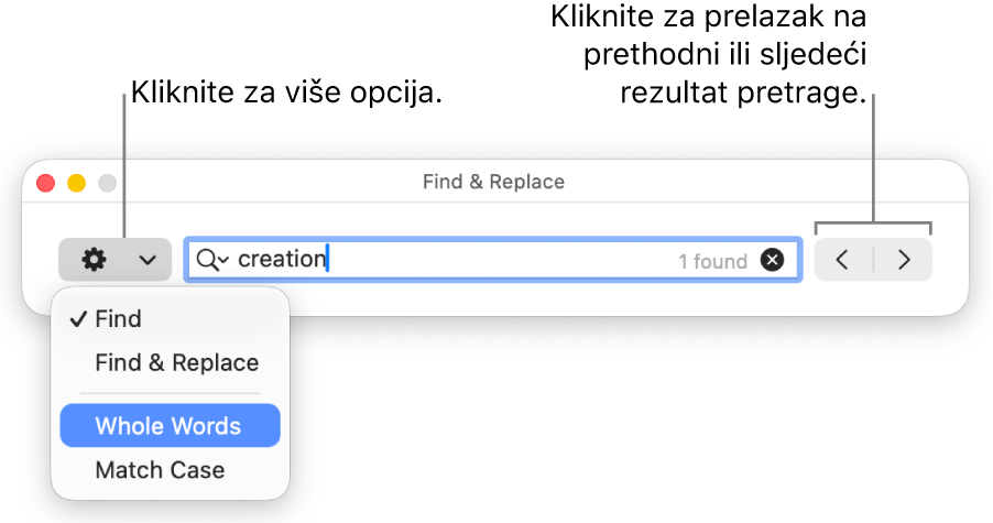 Prozor Pronađi i zamijeni sa skočnim izbornikom koji prikazuje opcije za Pronađi, Pronađi i zamijeni, Cijele riječi i Uskladi veličinu slova. Strelice na desnoj strani omogućuju vam da preskočite na prethodne ili sljedeće rezultate pretraživanja.