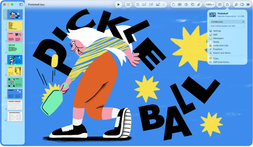 Prozor aplikacije Keynote s izbornikom Podijeli otvorenim iz alatne trake.