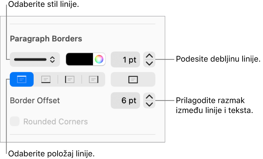 Kontrole za promjenu stila, debljine, položaja i boje linije.