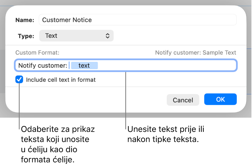 Vlastiti format tekstualnih ćelija.