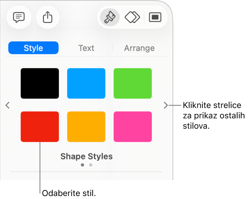 Kartica Stil u rubnom stupcu Formatiraj sa šest stilova objekata i navigacijskim strelicama s njihove lijeve i desne strane.