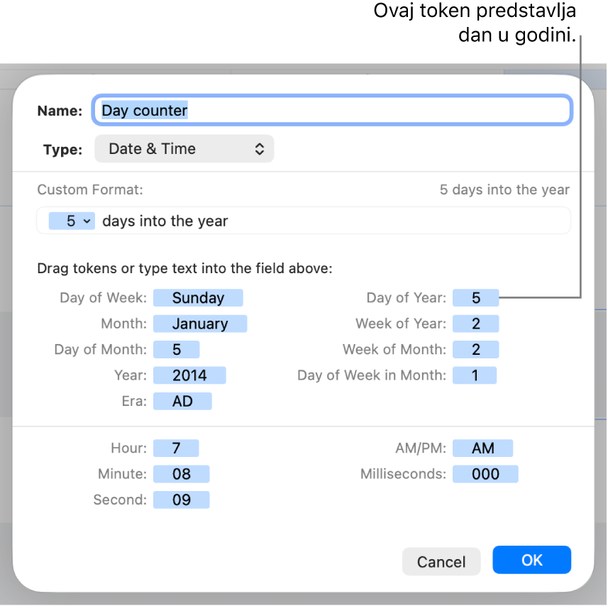 Prozor prilagođenog formata ćelije s kontrolama za izradu prilagođenog formata za datum i vrijeme.