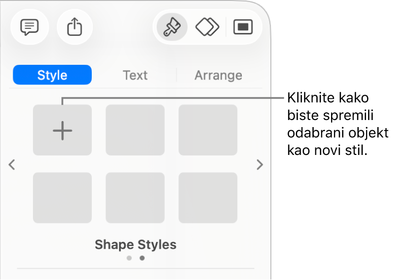 Kartica Stil u rubnom stupcu Formatiraj s jednim stilom tekstualnog okvira, tipkom Izradi stil s desne strane te četiri prazna držača mjesta za stil.