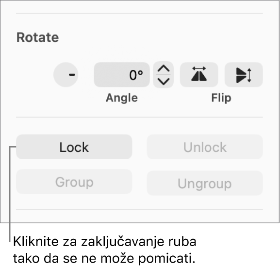 Kontrole objekata Rotiraj, Zaključaj i Grupiraj s odabranom tipkom Zaključaj.