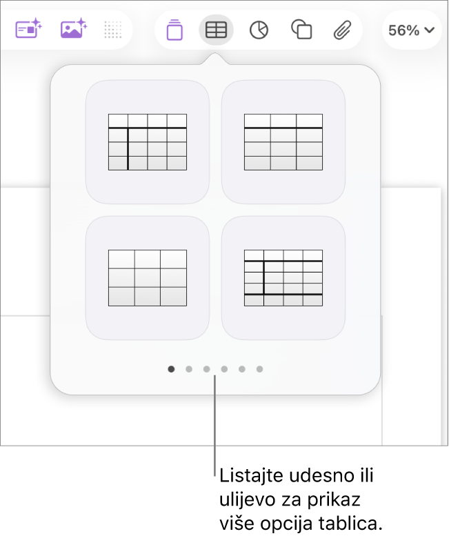 Prozor Dodaj tablicu s navigacijskim strelicama s lijeve i desne strane.