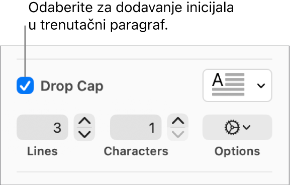Odabrana je potvrdna kućica Inicijal i javlja se skočni izbornik s njegove desne strane; kontrole za postavljanje visine linije, broj znakova i druge opcije javljaju se ispod njega.