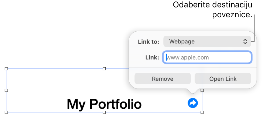 Kontrole urednika linka s odabranom opcijom Web stranica, tipke Ukloni i Otvori link nalaze se na dnu.