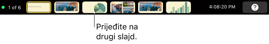MacBook Pro Touch Bar s kontrolama prezentacije za zatvaranje prezentacije, preskakanje na druge slajdove i zamjenu zaslona prezentera.
