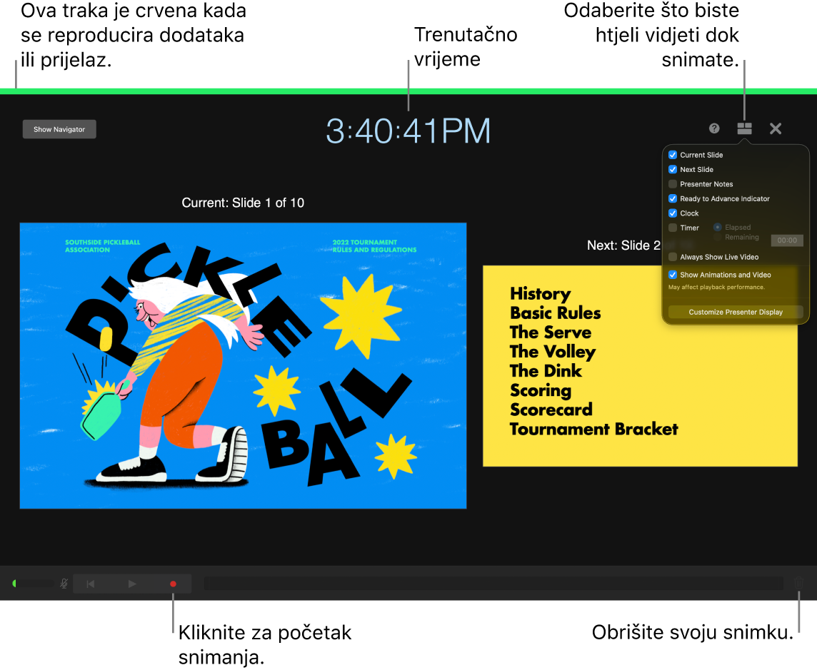 Slika zaslona moda za snimanje glasa na zaslonu prezentera. Prikazuju se trenutačni i sljedeći slajd, trenutačno vrijeme, i kontrole na zaslonu prezentera. Kontrola za početak i završetak snimanja i kontrola za brisanje snimanja prikazuju se na dnu zaslona.