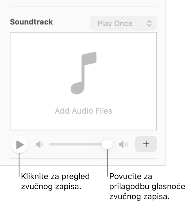 Kontrole Zvučne pozadine s odabranom tipkom Reproduciraj i kliznikom glasnoće.
