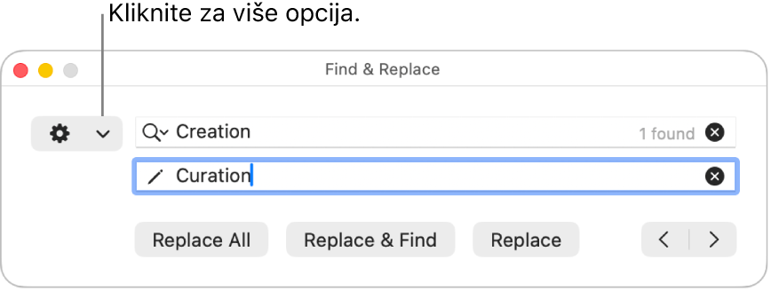 Prozor Pronađi i zamijeni s balončićem do skočnog izbornika koji prikazuje više opcija.