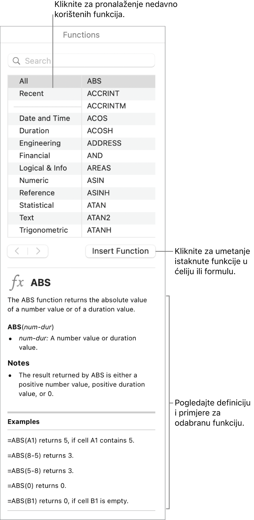 Preglednik funkcija s balončićima za nedavno korištene funkcije, tipkom Umetni funkciju i definicijom funkcije.