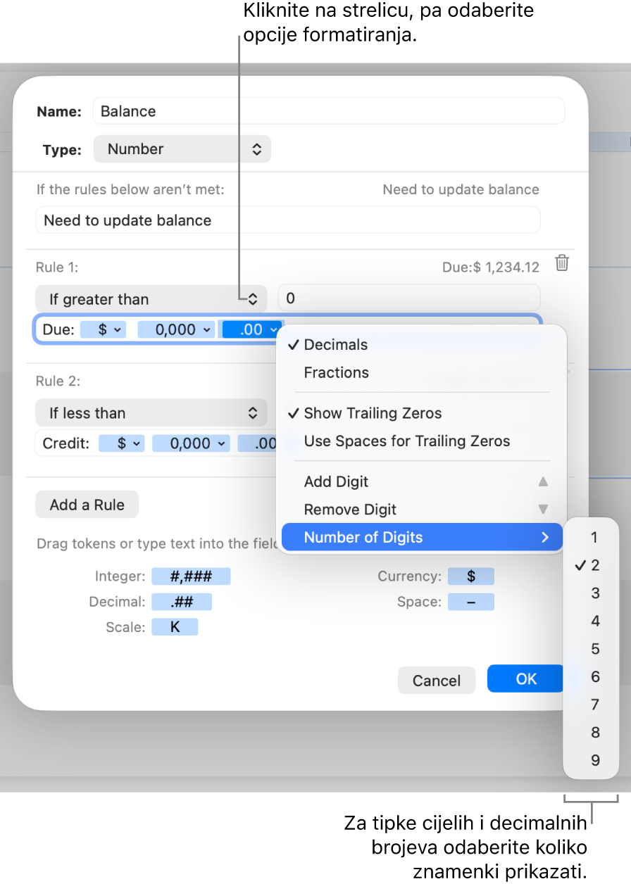 Prozor prilagođenog formata ćelije s kontrolama za izradu prilagođenog formata brojeva.