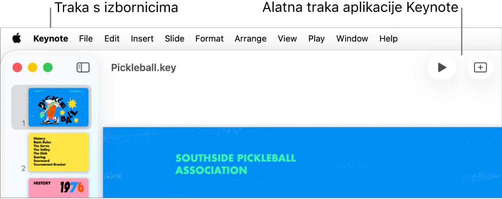 Traka izbornika na vrhu zaslona s izbornicima Apple, Keynote, Datoteka, Uredi, Unesi, Formatiraj, Razmjesti, Prikaz, Reproduciraj, Dijeli, Prozor i Pomoć. Ispod trake izbornika nalazi se otvorena prezentacija aplikacije Keynote s tipkama alatne trake preko vrha za opcije Prikaz, Zumiraj, Dodaj slajd, Reproduciraj, Tablica, Grafikon, Tekst, Oblik i Mediji.