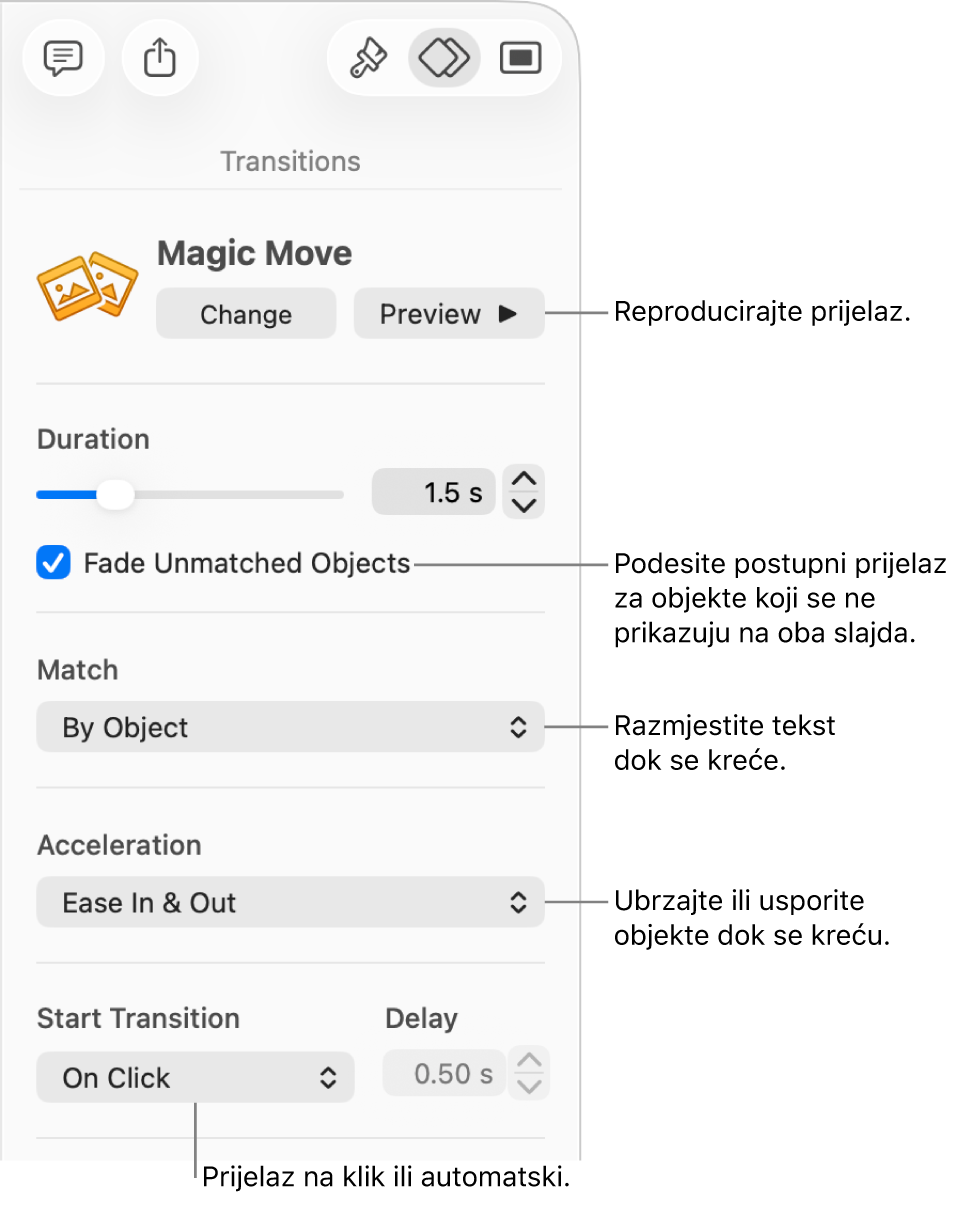Kontrole prijelaza za Magični pomak u odjeljku Prijelazi rubnog stupca Animiraj.