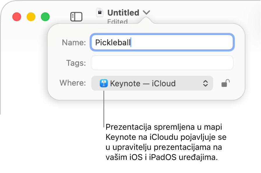 Dijaloški okvir Spremi za prezentaciju s aplikacijom Keynote – iCloud u skočnom izborniku Gdje.