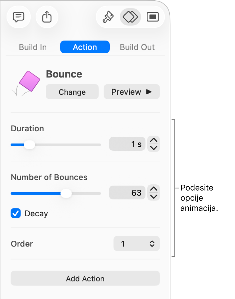 Kontrole akcije u odjeljku Animacija rubnog stupca.