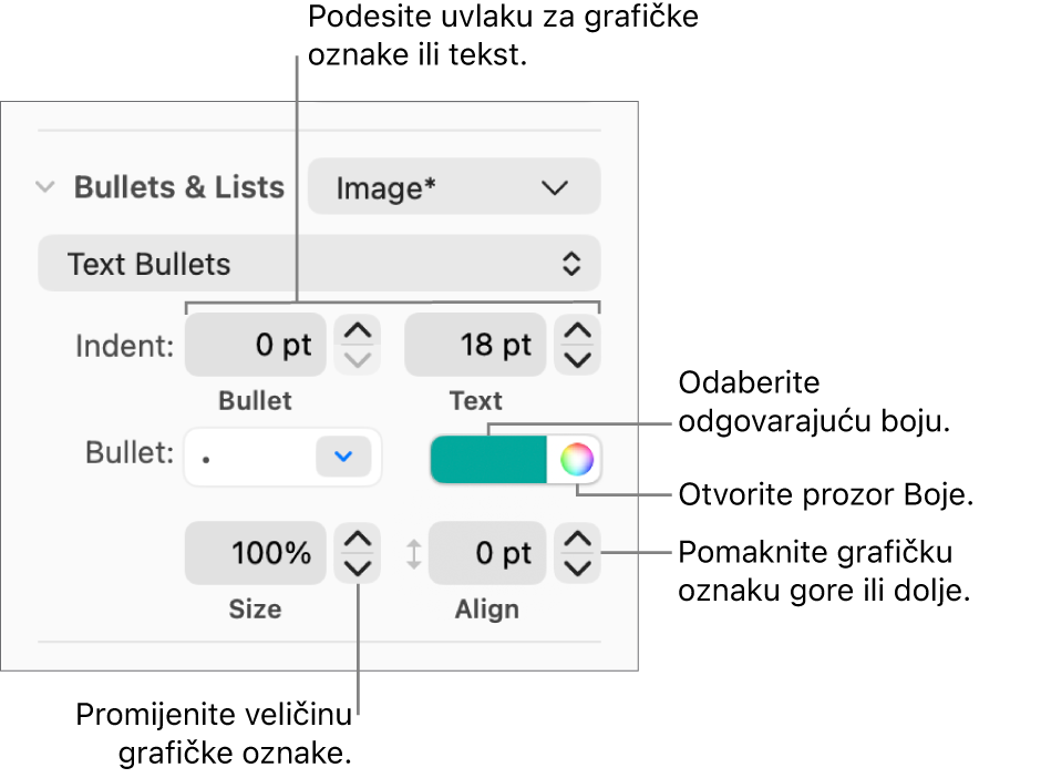 Odjeljak Grafičke oznake i popisi s balončićima za komande za uvlaku grafičke oznake i teksta, boju grafičke oznake, veličinu grafičke oznake i poravnanje.