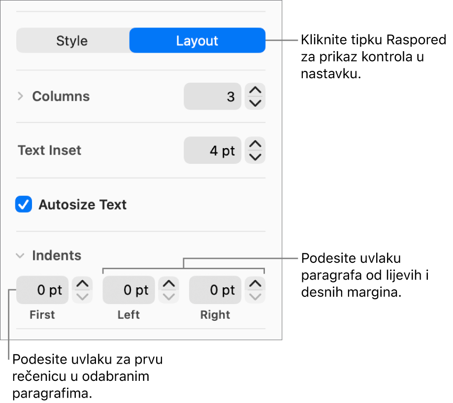 Odjeljak Raspored u rubnom stupcu Formatiraj s prikazom kontrola za podešavanje uvlake prvog retka i margina paragrafa.