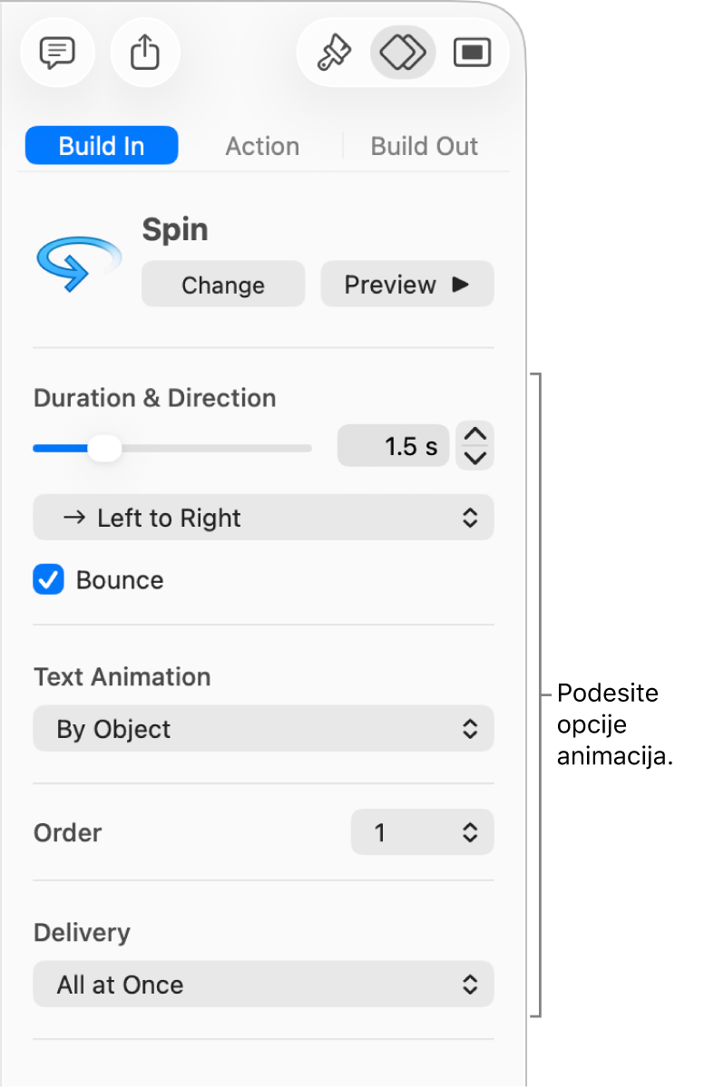 Opcije Početka u odjeljku Animacija rubnog stupca.