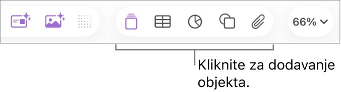 Alatna traka aplikacije Keynote s tipkama Tablica, Grafikon, Tekst, Oblik i Mediji.