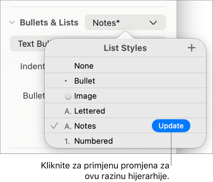 Skočni izbornik Stilovi popisa s tipkom Ažuriraj pokraj naziva novog stila.