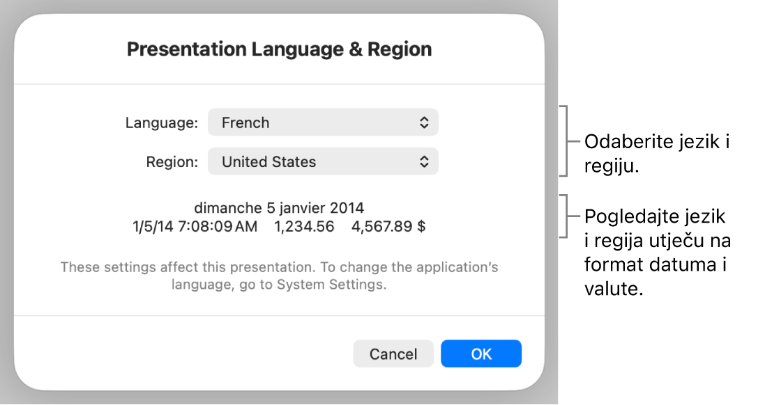 Prozor Jezik i regija s kontrolama za jezik i regiju te primjer formatiranja uključujući datum, vrijeme, decimalu i valutu.