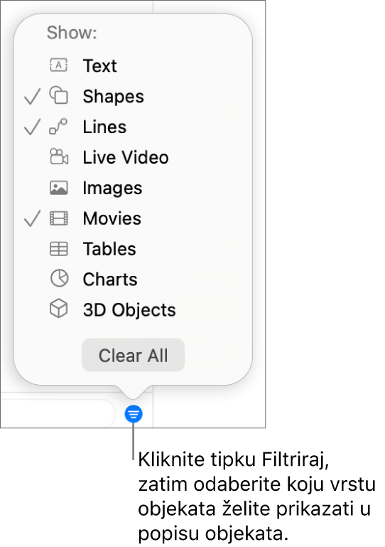 Otvoreni skočni izbornik Filtriraj s popisom vrsta objekata koje popis može sadržavati (tekst, oblici, linije, slike, filmovi, tablice i grafikoni).